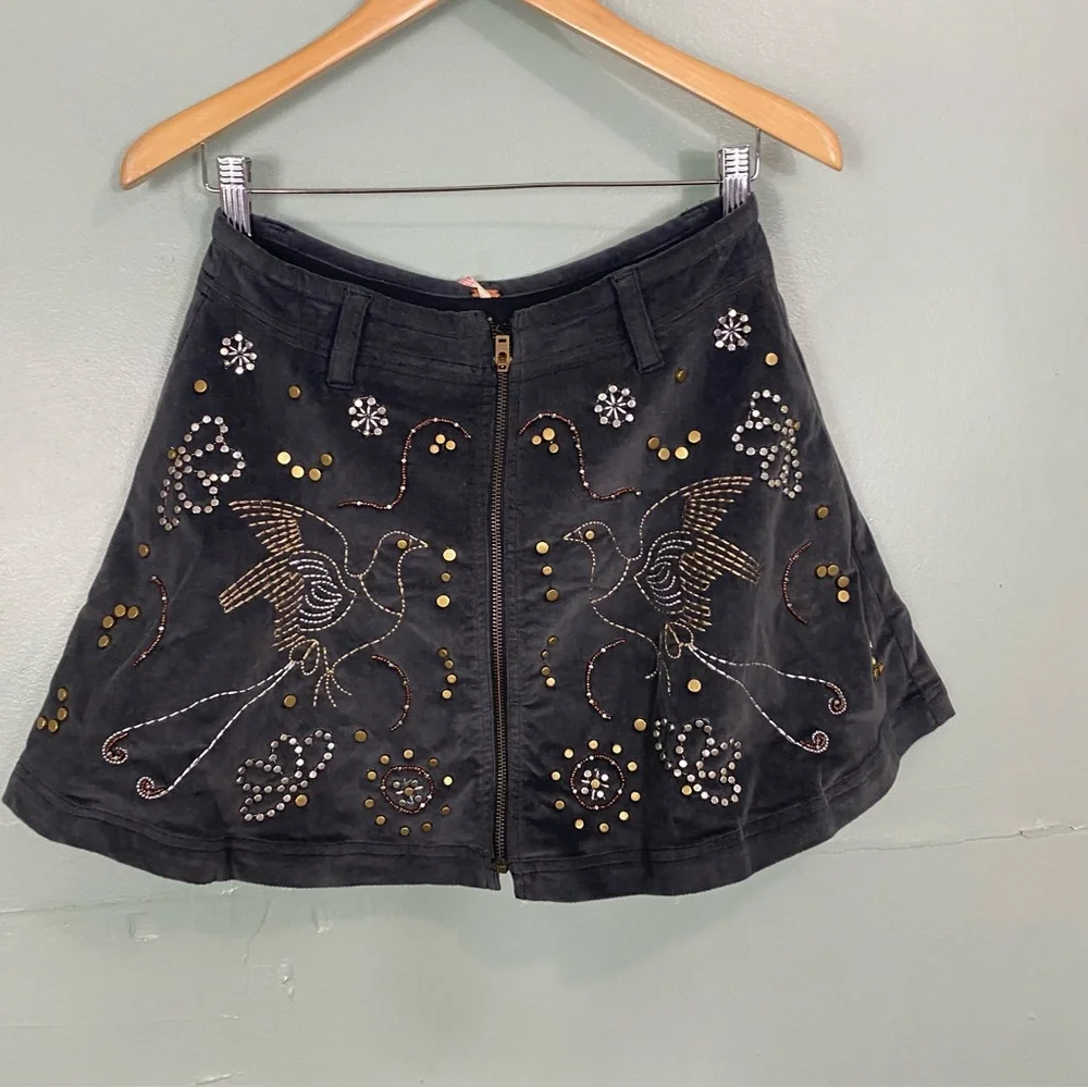 Free People Quetzal Studded Mini Skirt‎ Embellished Beaded Birds Sz 4